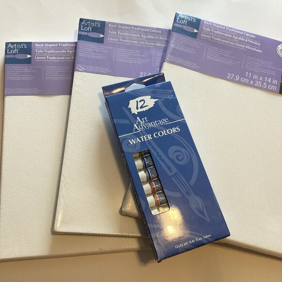 Other - 12 Art Advantage Watercolor Paints + Stapled Traditional White Blank Canvas